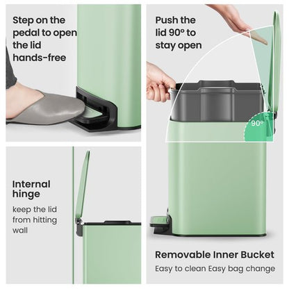 Cesun Small Bathroom Trash Can with Lid Soft Close, Step Pedal, 6 Liter / 1.6 Gallon Stainless Steel Garbage Can with Removable Inner Bucket, Anti-Fingerprint Finish (Matt Green)