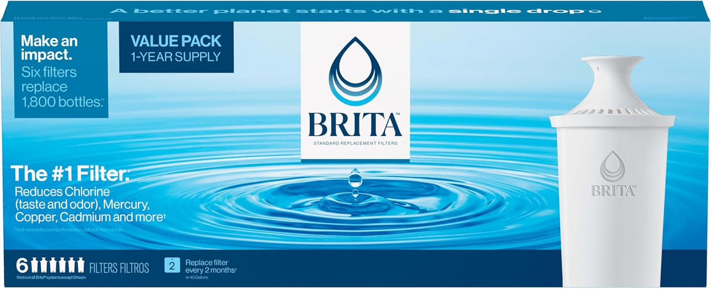Brita Standard Water Filter - Reduces Copper, Cadmium & Mercury Impurities | 6 Filters, Lasts 2 Months