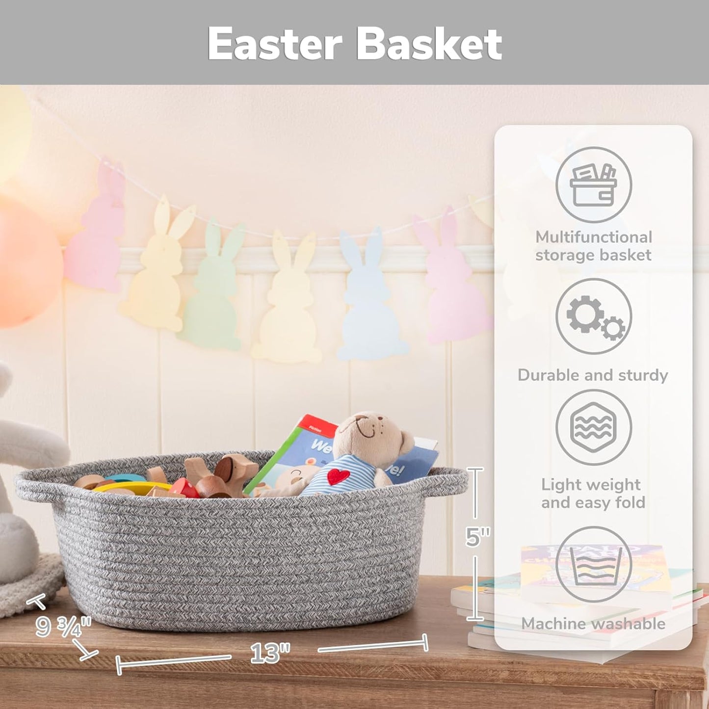 CHICVITA Decorative Gift Basket - Easter Basket for Kids | Woven Rope Toy Organizer, Grey, 13 x 9.8 x 5 Inches