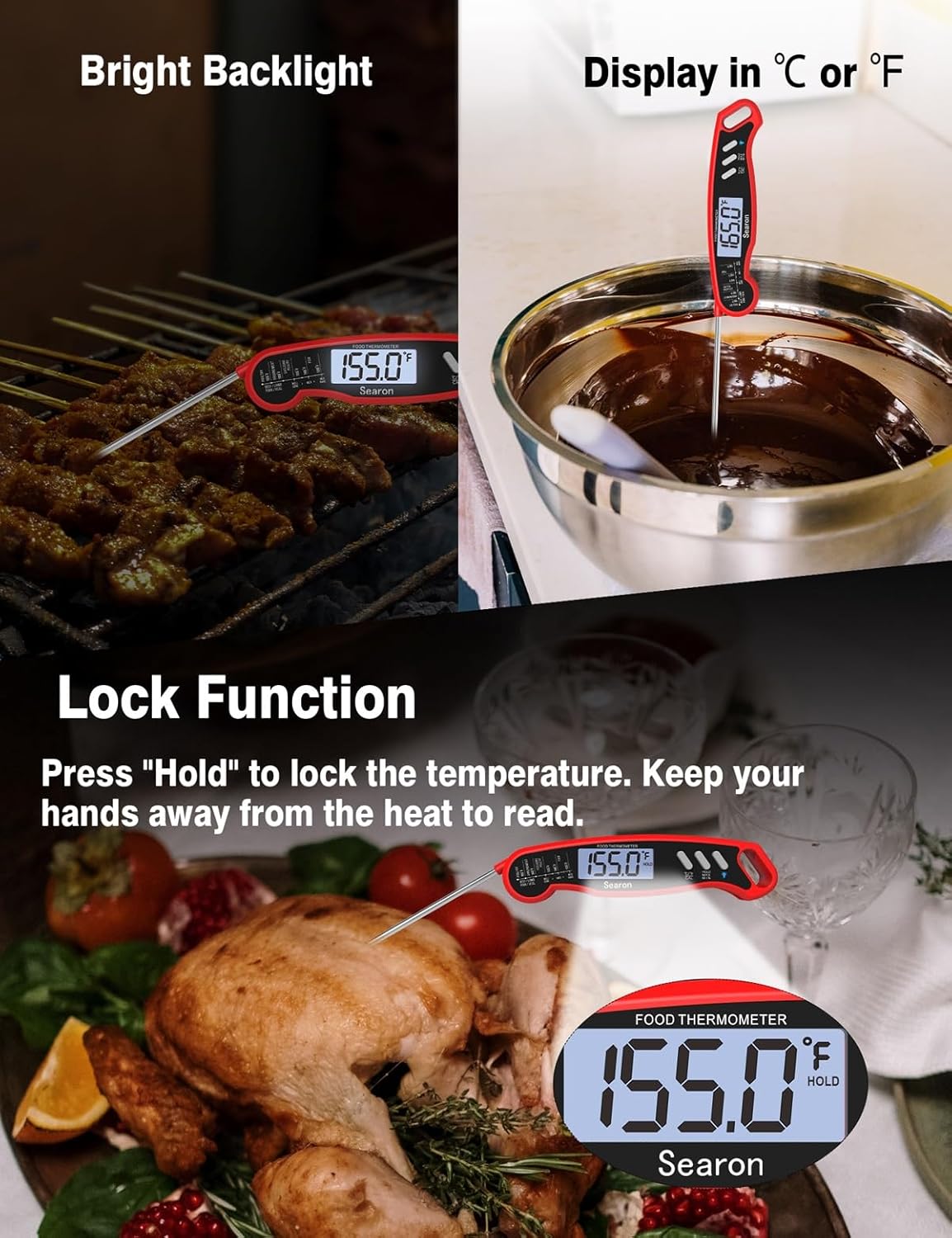 Searon Digital Meat Thermometer - Instant Read, Waterproof & Backlit | Perfect for BBQ, Grilling & Baking