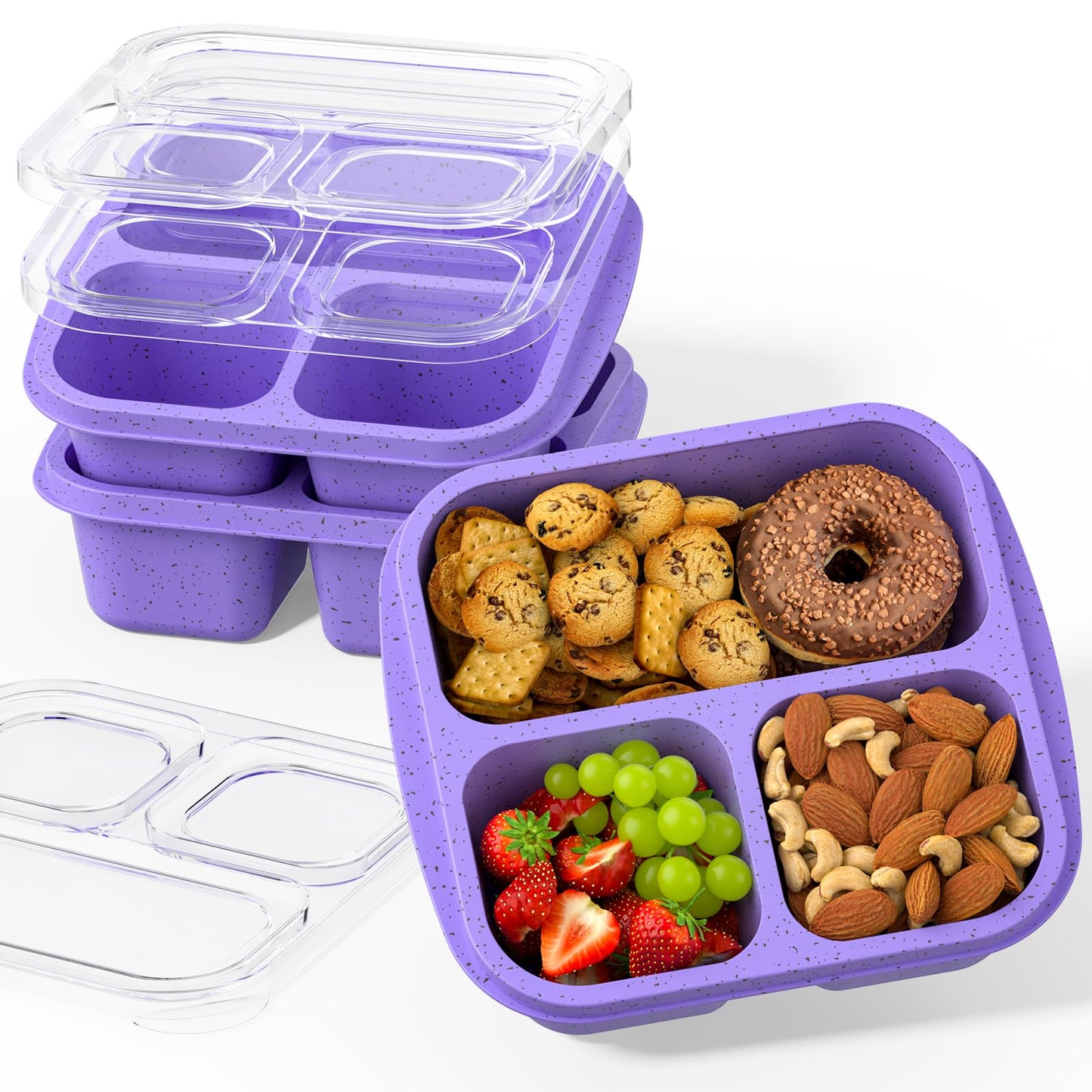 Enstphjoy Snack Boxes (3 Pack) - Stackable Bento Boxes with 3 Compartments, Meal Prep Containers Reusable, Lightweight Lunch Containers for Kids and Adults, BPA Free (Purple)