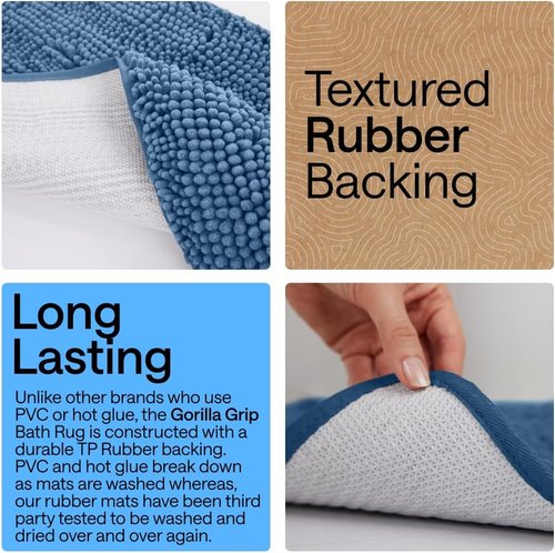 GORILLA GRIP Bath Rug Mat - Soft Absorbent Chenille | Quick-Dry Microfiber, 60x24, Blue
