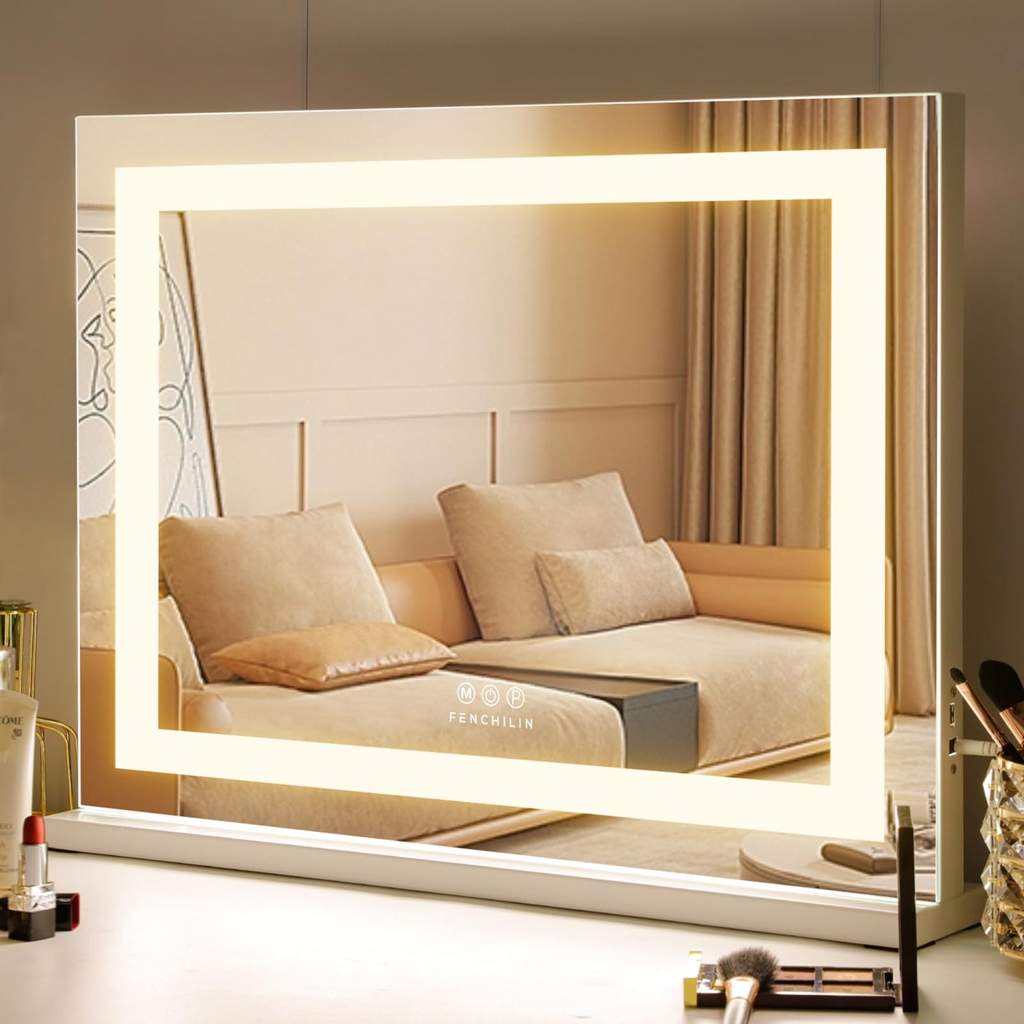 FENCHILIN Vanity Mirror with Light,22.8"x18.1" LED Makeup Mirror wtih Light and Hollywood Vanity Mirror wtih Smart Touch Control 3 Colors Dimmable Light & 10X Magnification,White