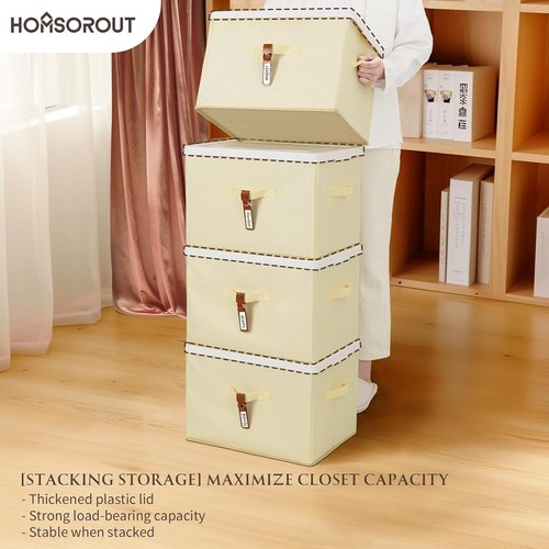 Homsorout Large Clothes Storage Bins - Decorative Organizers with Lids & Labels | 4-Pack in Pale Yellow