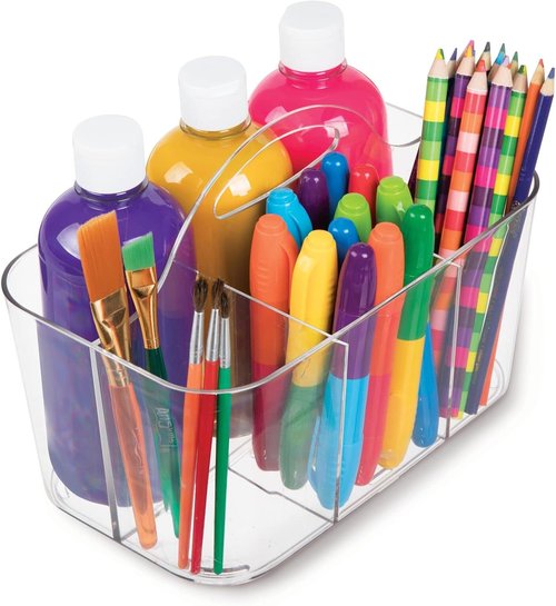 mDesign Craft Storage Organizer Caddy - Portable Tote for Art & Sewing Supplies - Clear with Handle