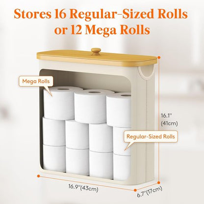 Lifewit Toilet Paper Storage Holder - Free Standing Organizer for 12-16 Rolls | Extra Large 30L, White with Bamboo Lid
