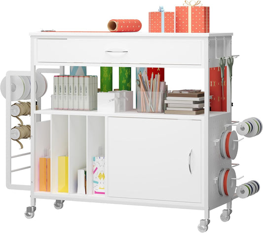 Skiennix Height-Adjustable Gift Wrapping Station - Rolling Cart with Paper Clamp & Storage | White