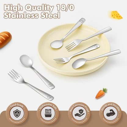DRKIO Stainless Steel Toddler Utensils Set - 12 Pieces Kids Silverware Set Children Safe Food Grade Small Forks and Spoons Dishwasher Safe Mirror Polished
