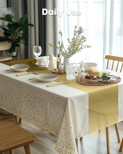 Pureegg Disposable Plastic Tablecloths - 10 Pack, 54 x 108 Inch, Sturdy & Leakproof, White Gold for Graduation Parties