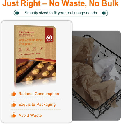 Unbleached Parchment Paper Sheets - 60 Pcs Precut Baking Paper for Air Fryer & Grilling | 12x16 Inches