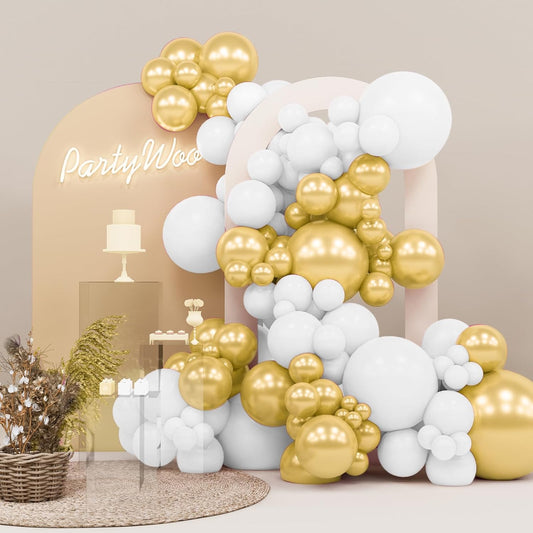 PartyWoo White & Gold Balloons - 140-Piece Pack with 18", 12", 10", & 5" Sizes for Birthday & Party Decor