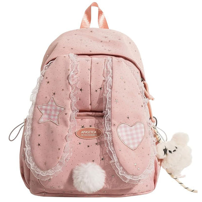 Pink Bunny Backpack - Cute Y2K Star Print, Lightweight Nylon