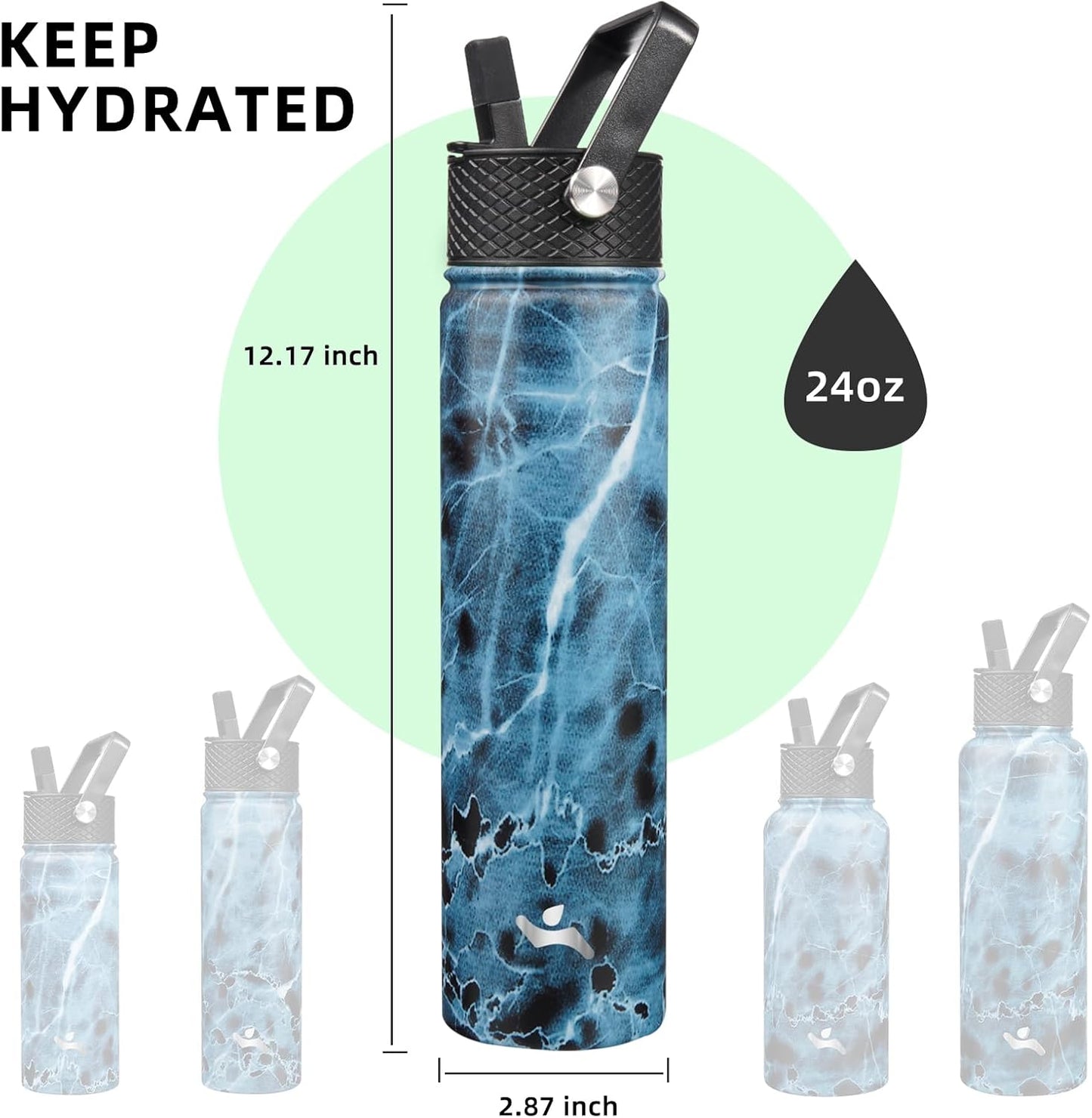 Skiennix Insulated Water Bottle - 24oz Stainless Steel Sport Bottle with 3 Lids | Marble Ocean Design