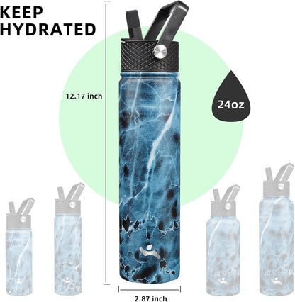 Skiennix Insulated Water Bottle - 24oz Stainless Steel Sport Bottle with 3 Lids | Marble Ocean Design
