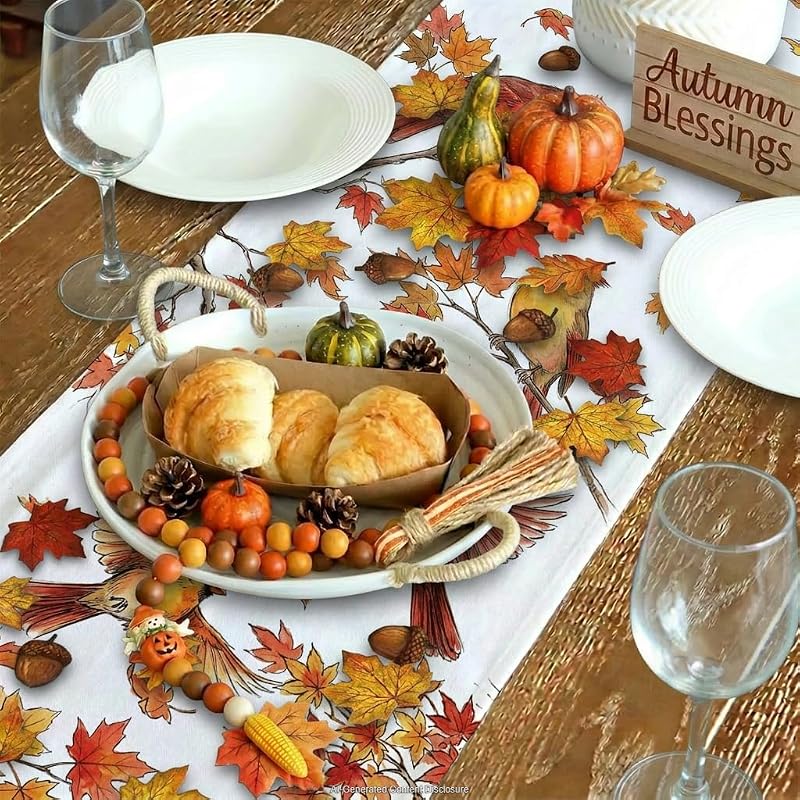 Fall Table Runner 13x72 Inch Cardinals Maple Leaf Burlap Autumn Decor
