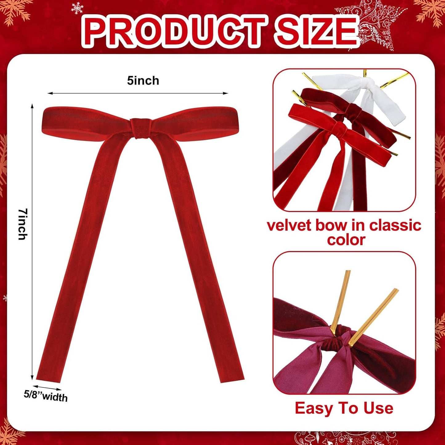 Skiennix Velvet Bows - 24 Pcs Vintage Ribbon Bows for Christmas Tree & Crafts | Red, Burgundy, White (5 x 7 Inch)