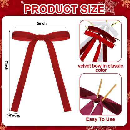 Skiennix Velvet Bows - 24 Pcs Vintage Ribbon Bows for Christmas Tree & Crafts | Red, Burgundy, White (5 x 7 Inch)