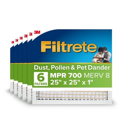 Filtrete 25x25x1 Air Filter, MERV 8, MPR 700, Dust, Pollen & Pet Dander Reduction, 3-Month AC and Furnace Filter, Easy on Air Flow, 6 HVAC Filters (Actual Size 24.81 x 24.81 x 0.81 in)