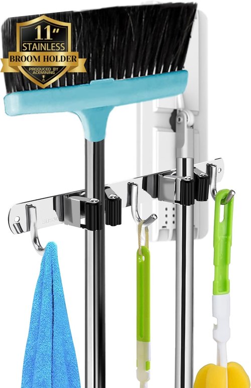 AceMining Wall Mounted Broom and Mop Holder - Heavy Duty Stainless Steel Organizer with 5 Racks & 4 Hooks