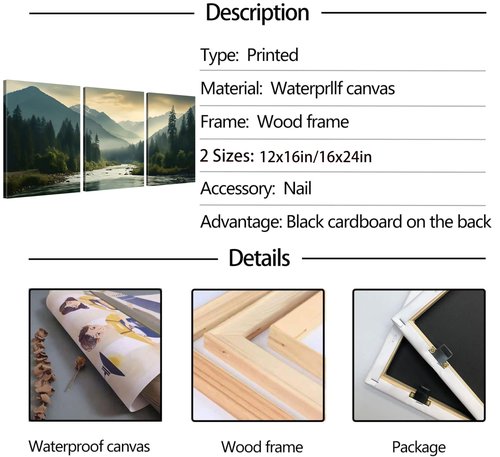 Framed 3Pcs Nature Landscape Wall Art Misty Forest Prints Mountain Pictures Dark Green Plant Posters Botanical River Canvas Painting Home Wall Decor for Living Room Bedroom Bathroom 16x24in