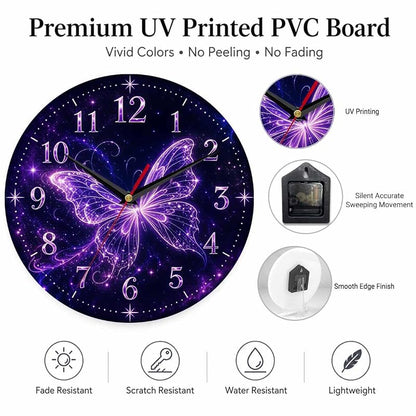 Glowing Purple Butterfly Wall Clock 10 Inch - Silent, Vintage Retro Farmhouse