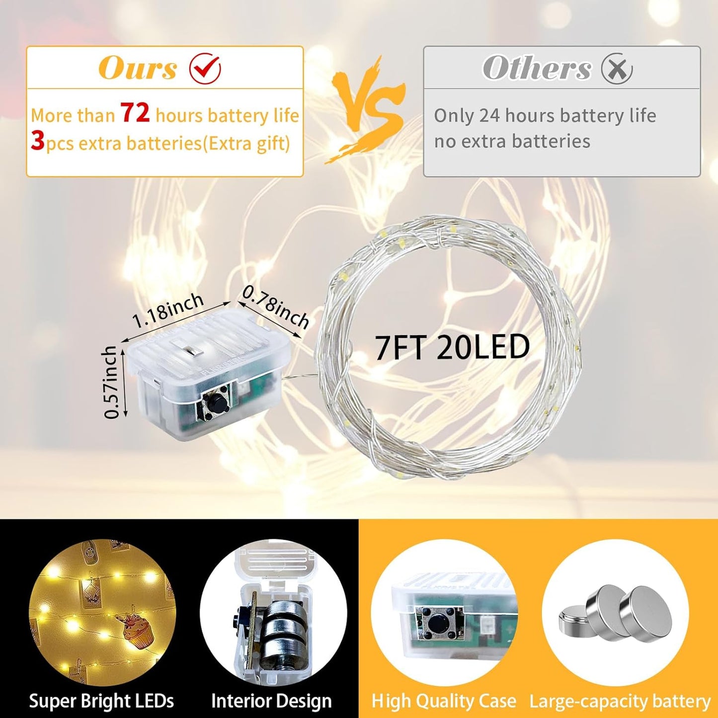 Skiennix 50 Pack Fairy Lights - 7Ft Twinkle String Lights | 20 LED, Battery Operated, Waterproof, Warm White