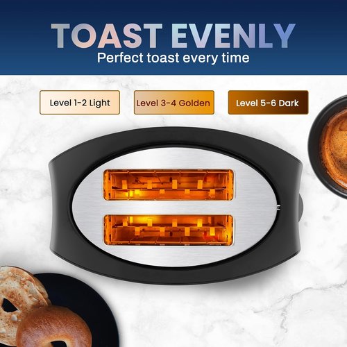 Elite Gourmet 2-Slice Toaster - Extra Wide 1.25” Slots, 6 Toast Settings & Slide-Out Crumb Tray, Stainless Steel