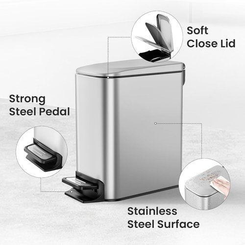 Cesun Stainless Steel Small Bathroom Trash Can - Soft Close Lid & Step Pedal | 6 Liter Mini Garbage Bin (Silver)
