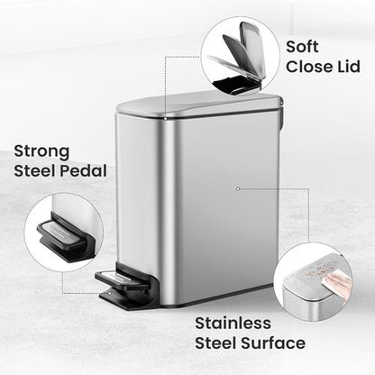 Cesun Stainless Steel Small Bathroom Trash Can - Soft Close Lid & Step Pedal | 6 Liter Mini Garbage Bin (Silver)