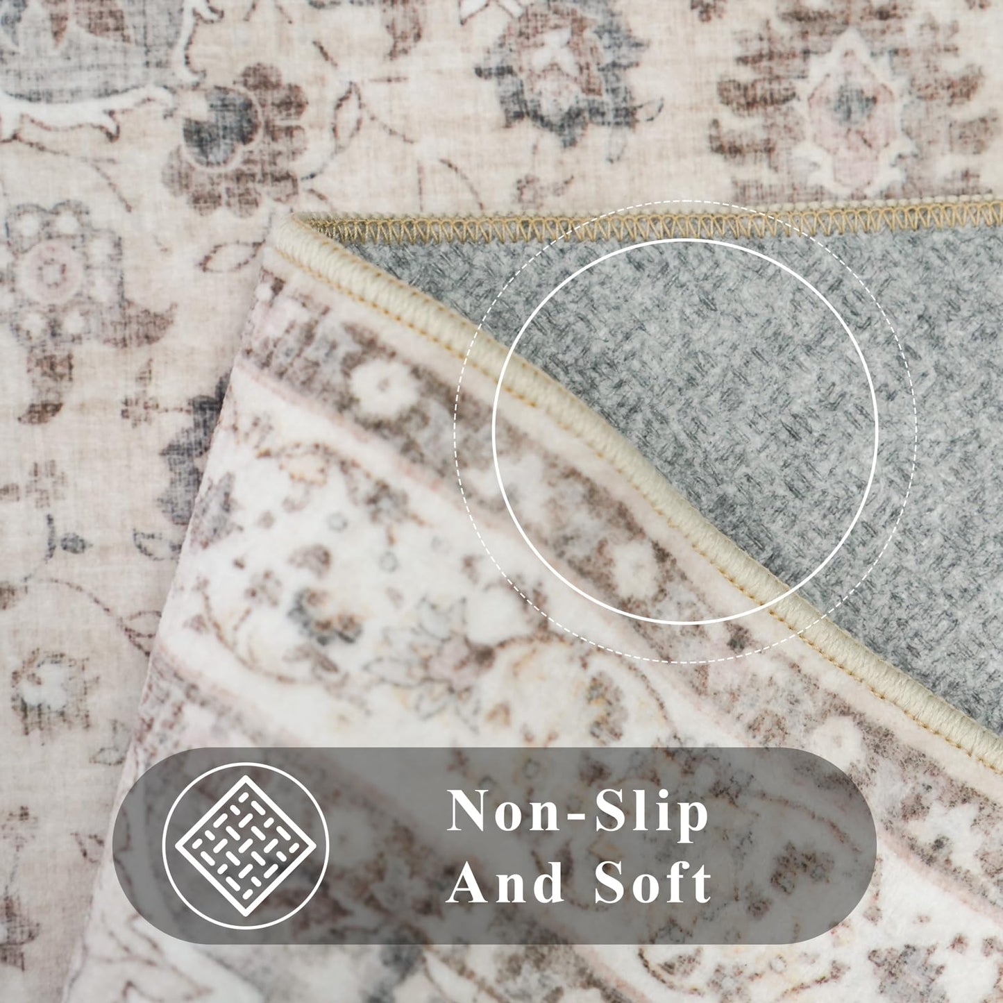 Washable 5 x 5 Square Area Rug: Water Resistant Durable Rugs Low Pile Soft Kitchen Carpet with Non-Slip Backing Indoor Oriental Non-Shedding Floor Carpets for Bedroom Entryway Home Decor (5x5,Beige)
