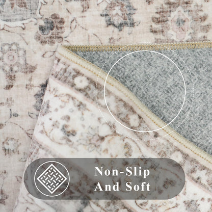 Washable 5 x 5 Square Area Rug: Water Resistant Durable Rugs Low Pile Soft Kitchen Carpet with Non-Slip Backing Indoor Oriental Non-Shedding Floor Carpets for Bedroom Entryway Home Decor (5x5,Beige)