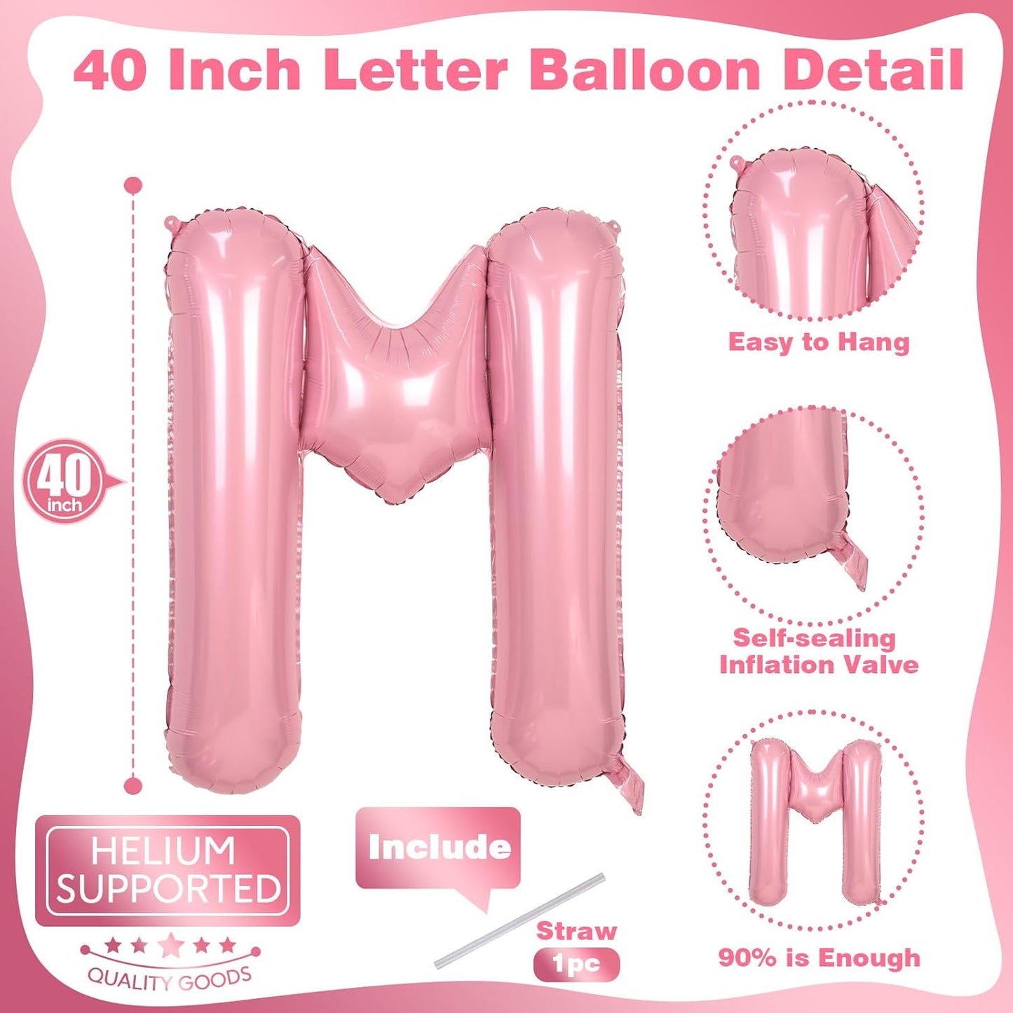 Skiennix 40-Inch Pastel Pink Letter Balloon - Giant Mylar Alphabet M for Birthday Party Decor