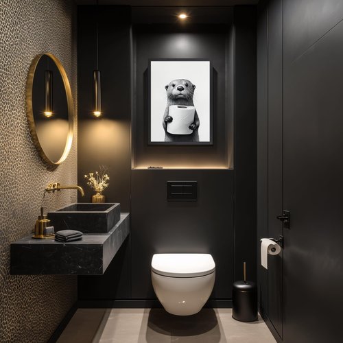 IAFWZX Funny Bathroom Wall Art - Black and White Otter Holding Toilet Paper | Cute Canvas Print 16"x24"