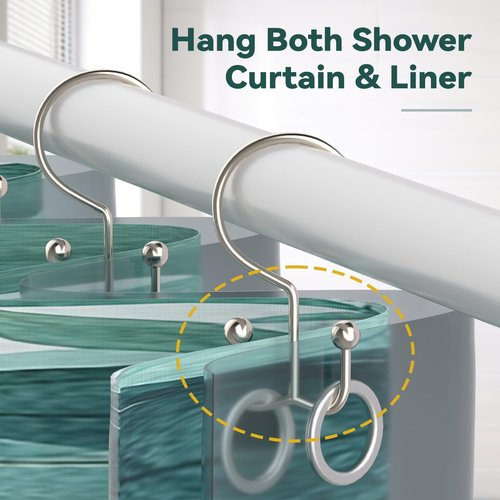 Goowin Shower Curtain Hooks, 12 Pcs Shower Curtain Rings, Durable Shower Curtain Rings Rust Proof, Double Glide Shower Rings for Curtain, Simple Shower Hooks for Shower Curtain & Liner, Brush Nickel