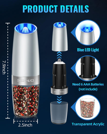 Gravity Electric Pepper/Salt Grinder, Salt or Pepper Mill & Adjustable Coarseness, Battery Powered with LED Light, One Hand Automatic Operation, Stainless Steel (Single/Light Grey)