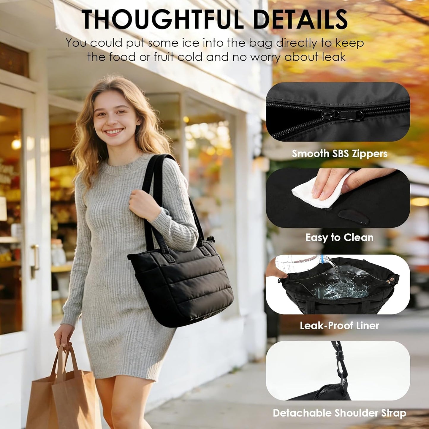 Wdmiya Insulated Lunch Bag - Lightweight Quilted Tote with Lunch Compartment & Cup Holder | Black