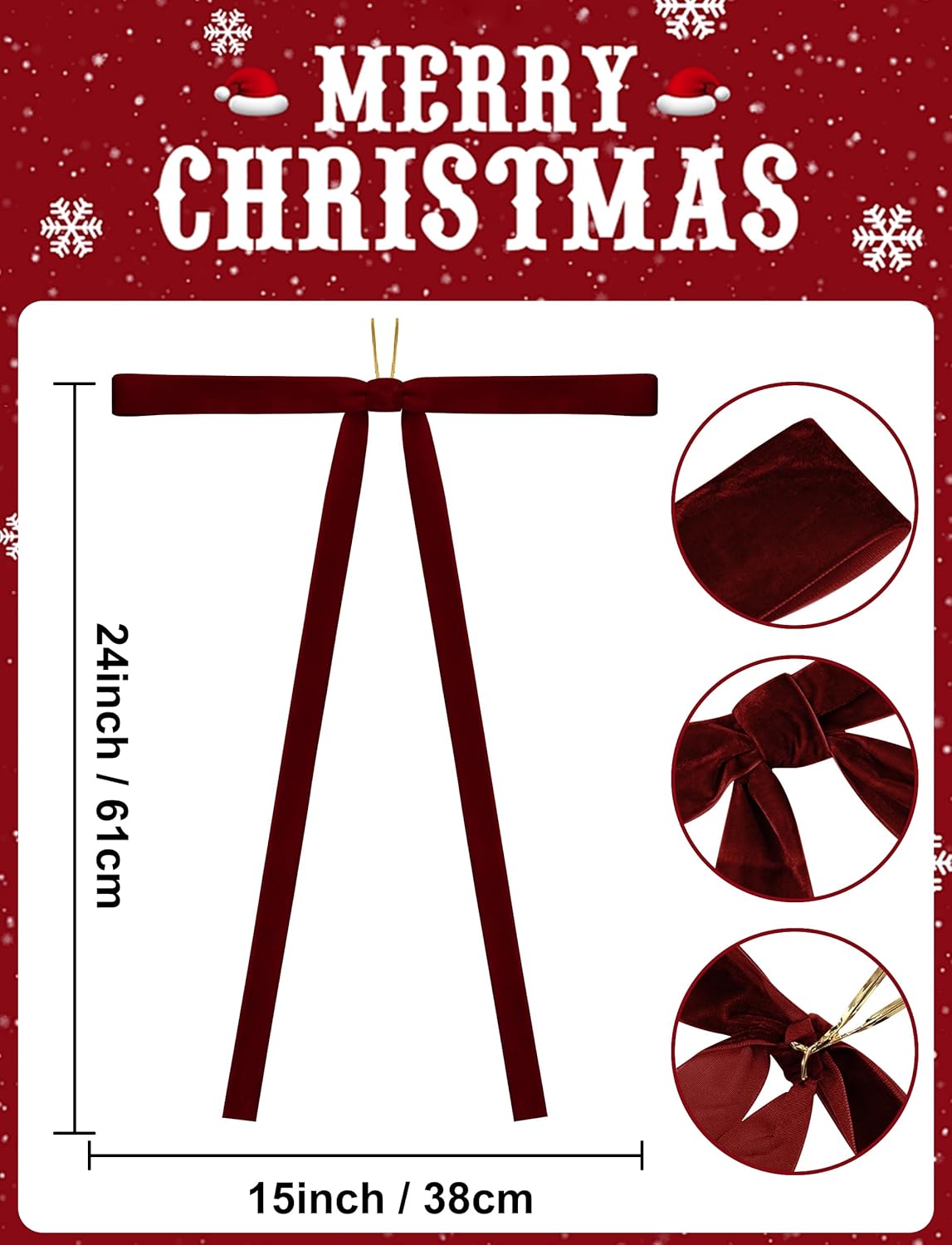 SIMISI Ribbon Burgundy Long Velvet Bows - Perfect Ornaments for Christmas Tree & Wreaths | 15x24 Inch, Set of 6