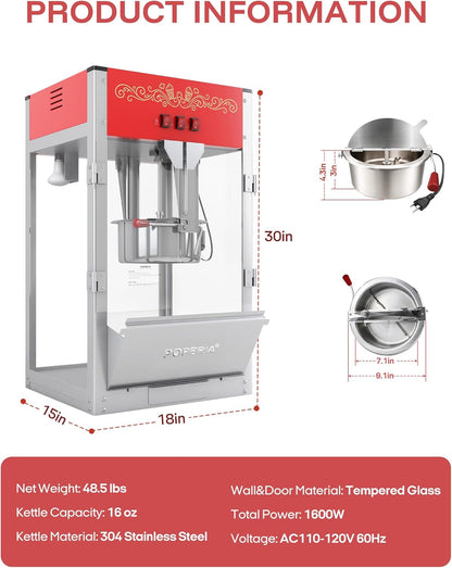 Skiennix Commercial Popcorn Machine - Authentic 16oz Kettle Maker with Warming Deck | 1600W Red