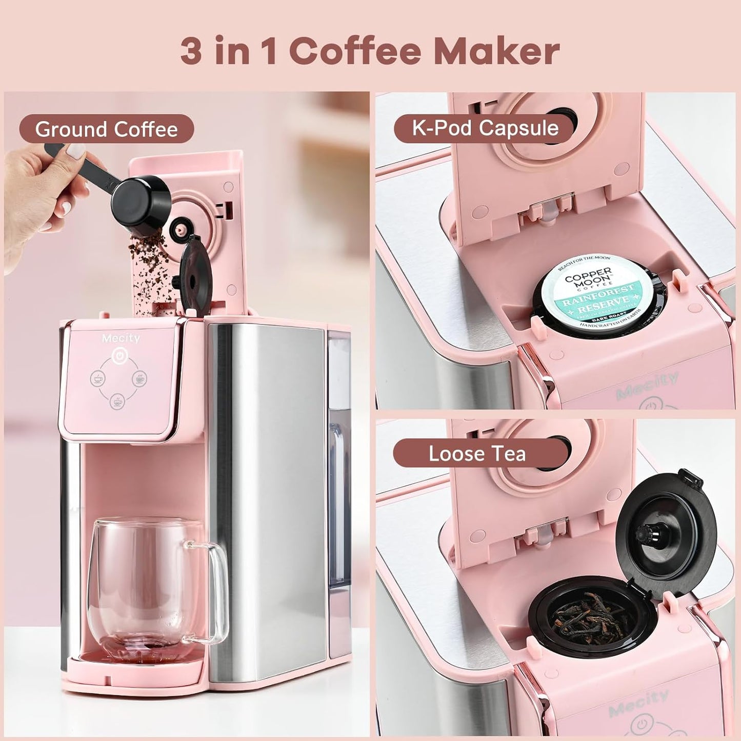 Mecity Coffee Maker - 3-in-1 Single Serve Machine for Ground & Capsule Coffee | 50 Oz Reservoir, Pink