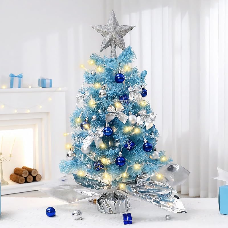 Blue Mini Artificial Christmas Tree - Tabletop Cedar Themed Xmas Tree, 12in, Reusable