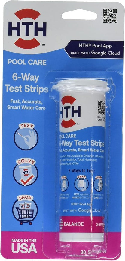 HTH 1276 Swimming Pool Test Strips - 6-Way Water Chemical Tester | 30 Strips for Accurate Testing