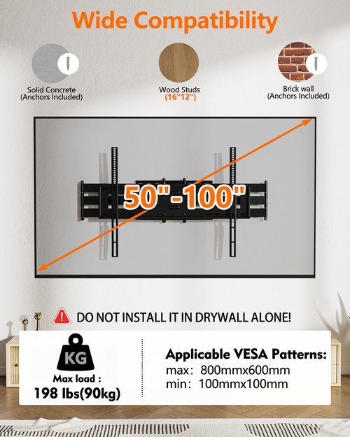 FORGING MOUNT Long Reach TV Wall Bracket Mount Swivel Tilt Full Motion TV Bracket 43 inch Articulating Arm Wall Mount,Fits 50 to 100 Inch Flat/Curve TVs,Holds 198LBS,VESA 800x600mm