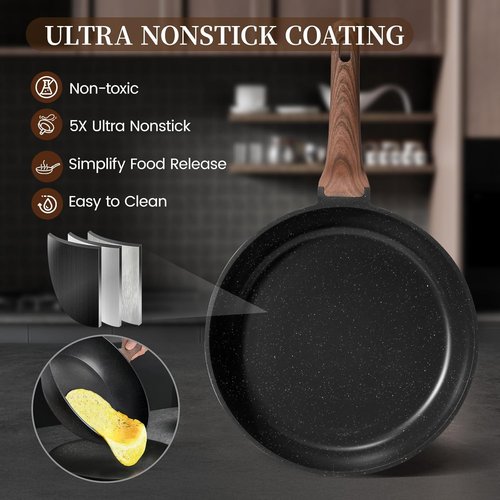 Kikcoin Non-Stick Ceramic Pots and Pans Set - 16 Pieces Induction Cookware Set | Black, Stackable & Safe