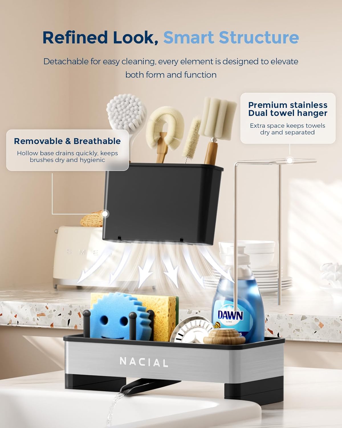 Nacial Kitchen Sink Caddy Organizer - Rustproof 304 Stainless Steel with Brush Holder & Towel Racks