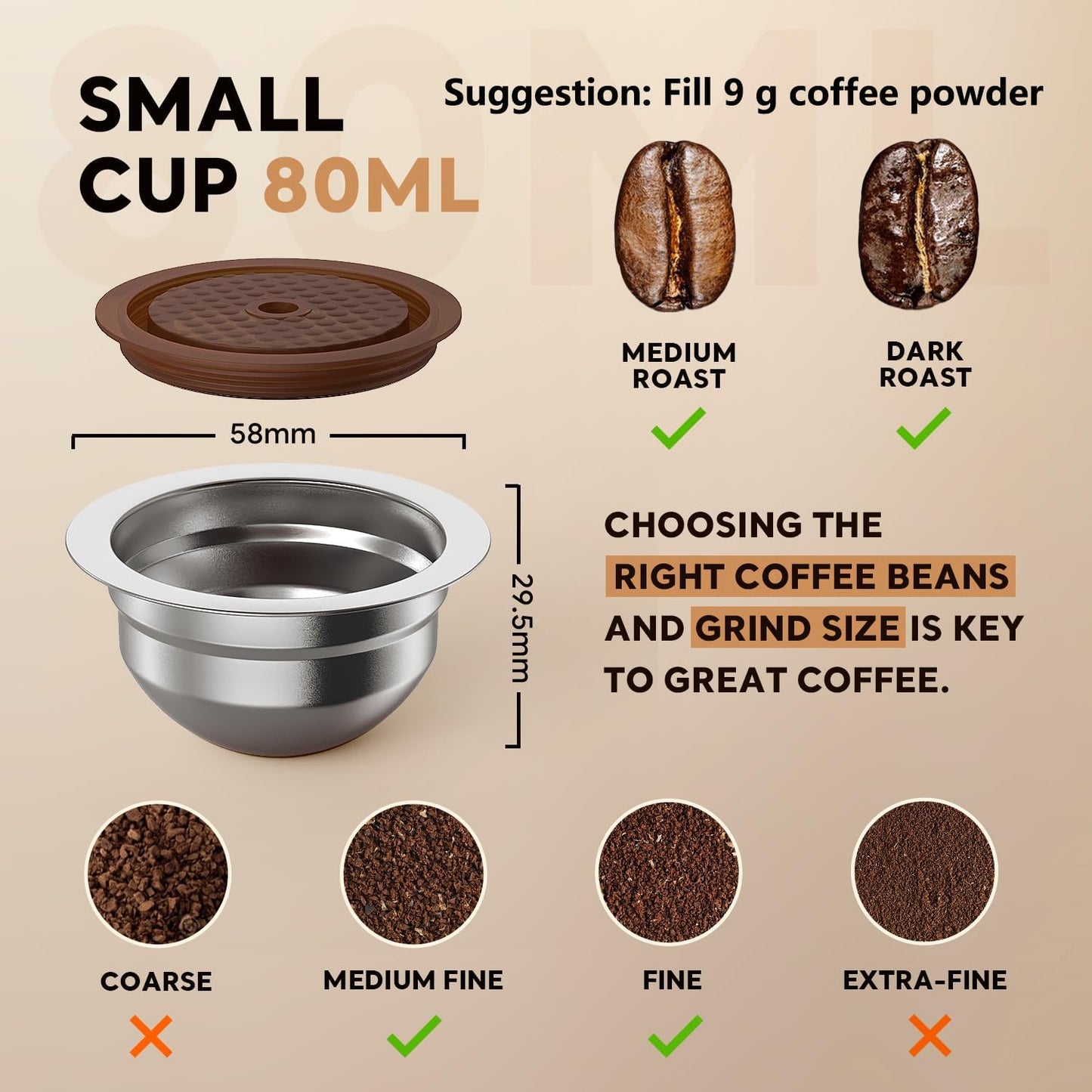 Skiennix Stainless Steel Reusable Coffee Pods - Compatible with Nespresso Vertuo | 230ml Capacity, Includes 4 Barcode Stickers & Silicone Lid