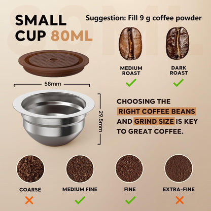 Skiennix Stainless Steel Reusable Coffee Pods - Compatible with Nespresso Vertuo | 230ml Capacity, Includes 4 Barcode Stickers & Silicone Lid