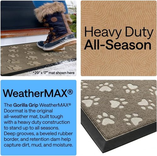 GORILLA GRIP Waterproof All-Season WeatherMAX Doormat - Natural Rubber, Stain & Fade Resistant, 29x17, Tan Pawprints