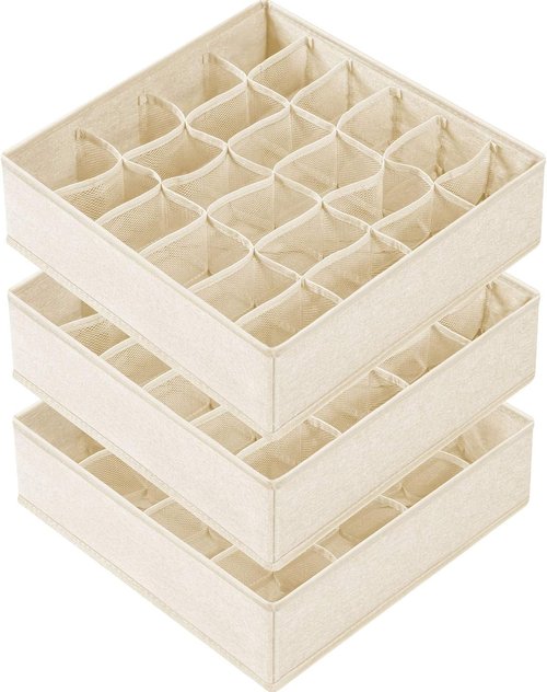 Criusia Sock Organizer - 3 Pack Fabric Drawer Dividers with 64 Cells for Socks, Underwear & Ties | Beige