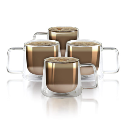 LEMONSODA Double Walled Glass Coffee Drink Mug with Handle - Set of 4 (250 mL / 8.5 fl. oz) Insulated Thermal Mugs Glasses For Tea, Coffee, Latte, Cappucino, Cafe, Milk - Housewarming Gifts