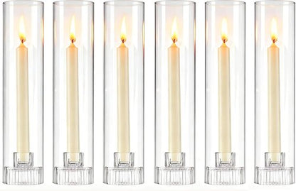 Hurricane | Taper Candle Holders - Set of 6 Clear Glass Candlesticks, 11.8" Tall for Weddings & Events